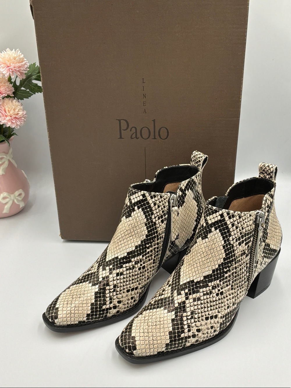 Paolo Snake-Print Ankle Booties in Beige and Black